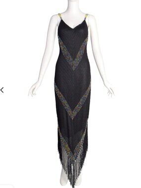1990's Vintage Knit Mesh Maxi Dress with Beading and Fringe   I   Size  M